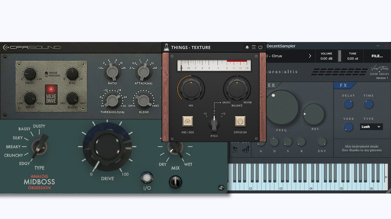 2 Cool New FREE VSTs & Deals - Analog Obsession, Audiothing, Venus Theory, CFA Sound (Things Texture, Grip Valve Compressor, MidBoss, Auras Altis)